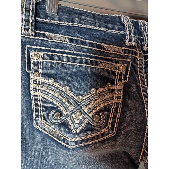 L.A.  idol Womens Juniors Distressed‎ Embroidered Rhinstones Skinny Jeans Size 7 - Picture 13 of 13